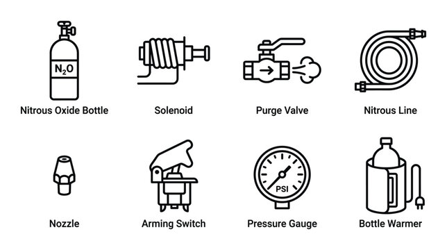 Nitrous oxide racing system component icons set featuring bottle solenoid purge valve and pressure