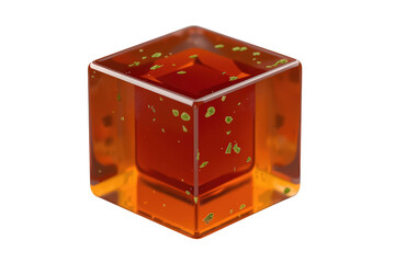 Obraz premium Transparent cube filled with amber liquid and floating green herbal particles, representing natural essence and health