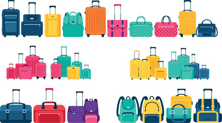 Travel Luggage Collection with Suitcases Bags Backpacks and Trolleys in Colorful Styles for Tourism Vacation Transport and Journey Design Projects. © monoara