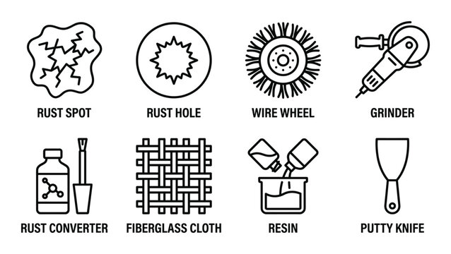 Rust removal and repair tools line icon set including rust spot wire wheel and resin