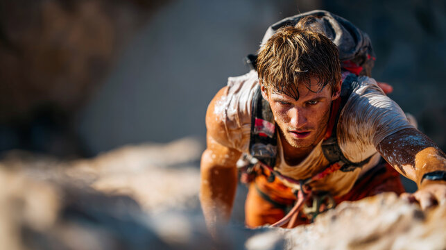 Determined climber close up sweat dust intense focus outdoor adventure rugged mountain