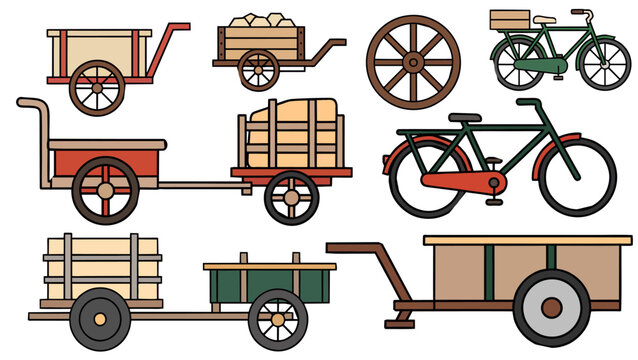 Set of Vintage Wooden Carts Wagons and Classic Bicycles Vector Illustration, Traditional Transport and Agricultural Icons