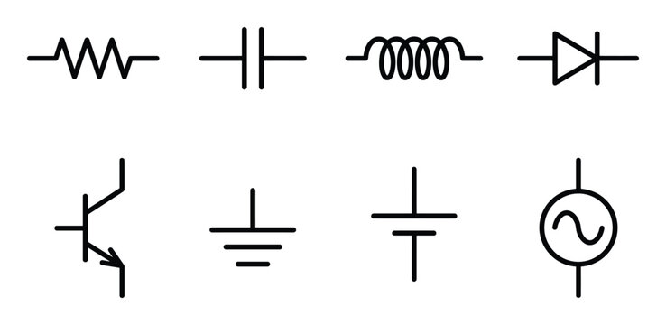 Set of 8 electronic circuit symbols including resistor capacitor inductor and diode