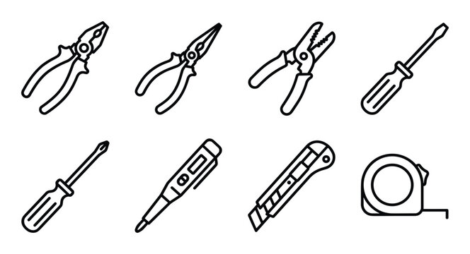Set of 8 electrical tools icons including pliers screwdrivers voltage tester and tape measure