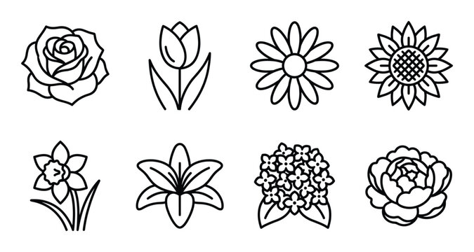 Set of beautiful flower icons outline vector on transparent background