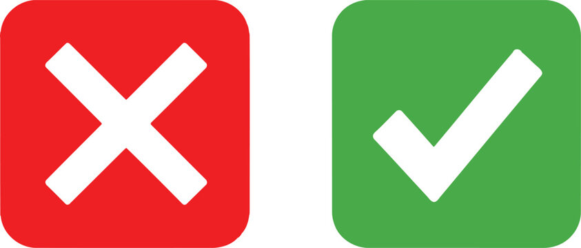 A red square with a white x mark and a green square with a white check mark on white background Vector