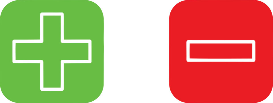 A green plus sign on a square background next to a red minus sign on a red square background icon Vector