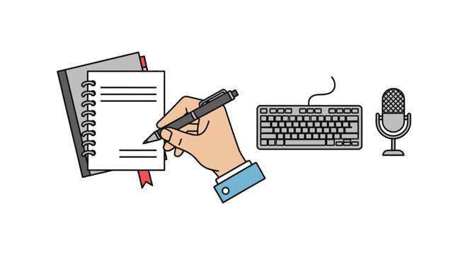 Content Creation Workflow Illustration: Hand Writing on Notebook, Typing on Keyboard, and Microphone for Digital Communication