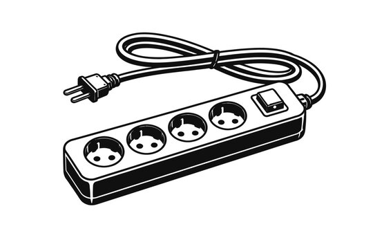 Black & white vector of 5-socket EU power strip, on/off switch, Schuko plug. Extension for home/office electronics. Multi-device power for appliances, tools, computers, offering reliable and safe elec