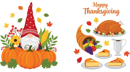 Fototapeta premium Happy Thanksgiving Vector Set with Autumn Gnome, Pumpkins, Turkey Dinner, Pie Slices, Cornucopia, and Fall Harvest Decorations