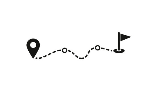 A minimalist vector icon depicting a journey from a starting map pin, along a dashed path with intermediate points, to a final flag destination. Ideal for navigation, route planning, progress tracking