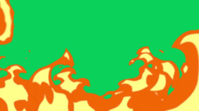 Dynamic cartoon style 2D animated fire flames rising from the bottom on green screen background for creative motion graphics projects.