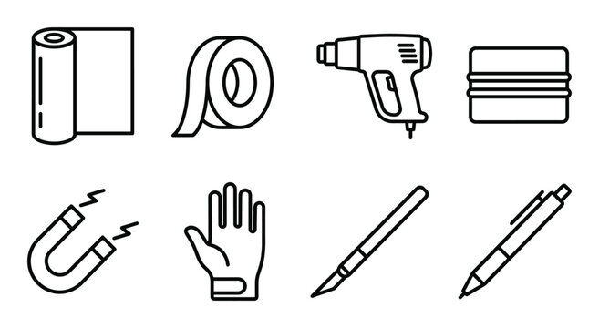 Vehicle vinyl wrap and car detailing tool icons set including heat gun squeegee and craft blade kit