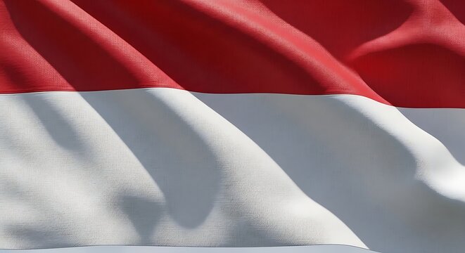 Close up of Indonesian flag fabric waving, detailed cloth folds, patriotic background, rich texture with dynamic movement and strong national symbolism