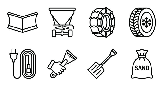 Winter driving safety and snow removal equipment icon set with snow plow tire chains and sand bags