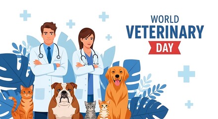 Fototapeta premium Diverse cats and dogs posed with male and female veterinarians in white coats for animal health awareness celebration.
