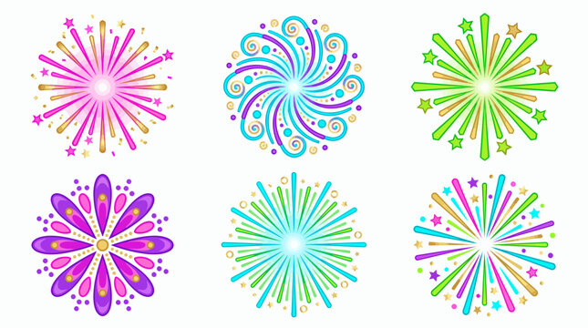 Set of colorful stylized firework explosion icons and sparkling festive bursts on white background, concept for celebration marketing, holiday event invitation and party decoration design