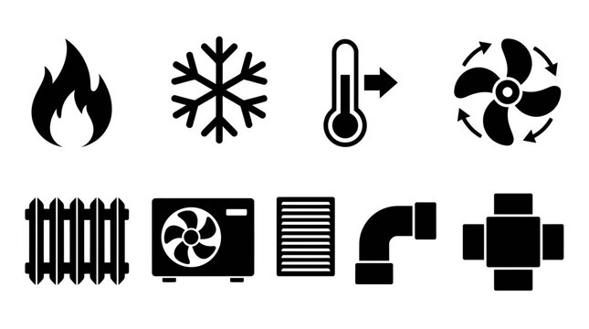 Set of black HVAC service icons including heating, cooling, ventilation and plumbing symbols on white background, concept for climate control systems, industrial maintenance and home repair services