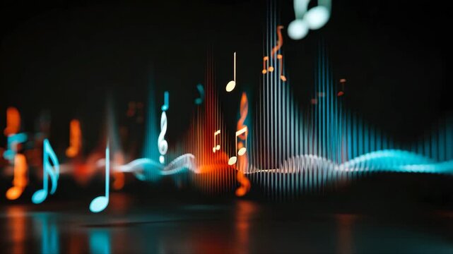 Colorful musical notes in blue and orange hues float above a sound wave pattern, creating a vibrant visual representation of sound in a dark background setting