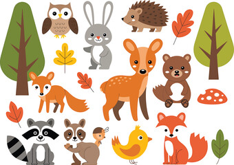 Fototapeta premium Autumn forest animals, woodland creatures, wildlife icons, vector set