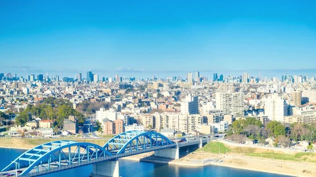 武蔵小杉から東京へ向かうタイムラプス ドローン空撮イメージ