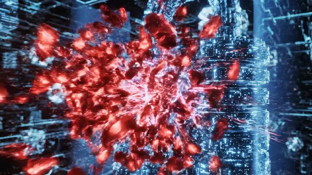 Abstract red energy burst amidst cyberpunk city grid high tech digital matrix futuristic concept
