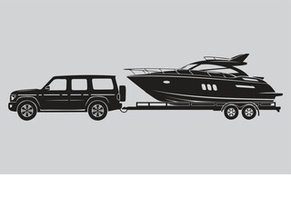 Obraz premium Heavy Duty SUV Towing Luxury Yacht Trailer Vector Silhouette