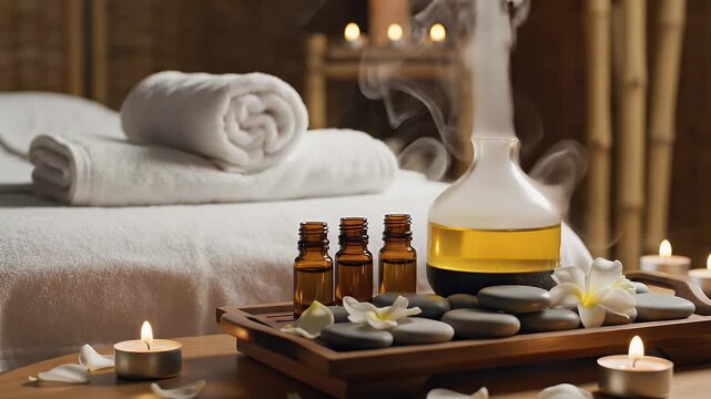 Serene Spa Room with Essential Oils - A medium shot captures a peaceful spa room setting, complete with a massage bed, rolled towels, aromatic essential oils, steaming diffuser, candles and