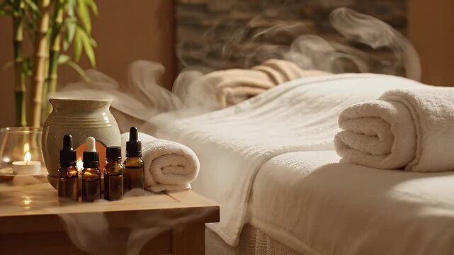 Relaxing Spa Room with Aromatherapy - This medium shot captures a serene spa room with a massage bed and steaming aromatic essential oils. A lit candle and bamboo stalks add to the peaceful ambiance.