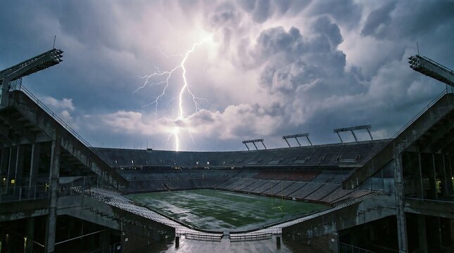 A dramatic view of an empty sports stadium during a thunderstorm with lightning illuminating the dark cloudy sky above a green field.