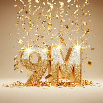 Nine Million number with confetti in golden sparkling light for celebration and achievement