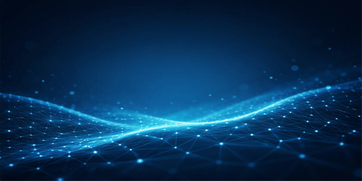 Futuristic Glowing Blue Technology Wave Background with Wireframe Mesh, Floating Particles and Dynamic Data Flow Lines, Abstract Digital Network Concept on Dark for Cyber and Tech Design.