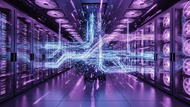 In a sleek server room filled with rows of high-tech servers, vibrant purple lighting casts a futuristic glow.