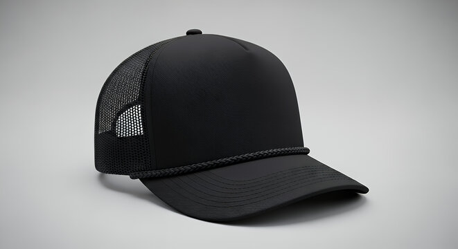 Realistic detail black mesh back trucker hat with rope accent mockup hat mockup mockup cap hat template fashion clothing baseball front sport isolated blank