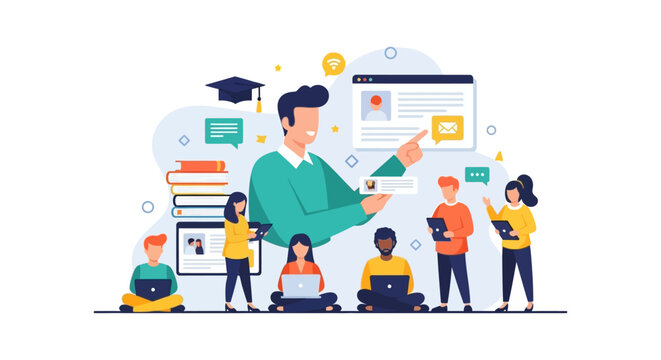 Online Education and Digital Learning Platform Vector Illustration. Teacher mentoring diverse student group using laptops for remote courses and knowledge sharing.