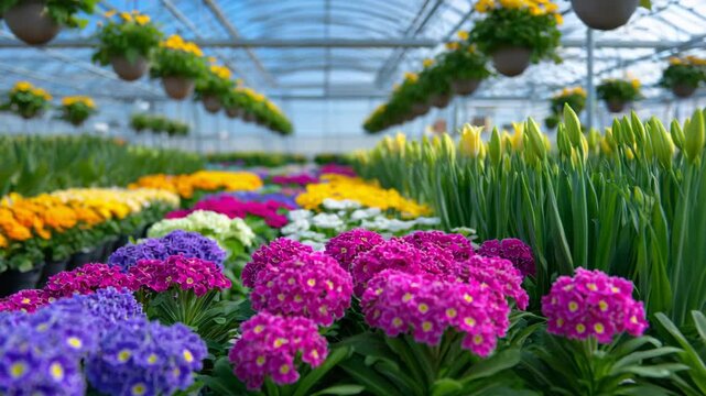 Close-up greenhouse shot with vibrant flowers growing in neat rows, green stems and buds of lilies reaching upward, marigolds in pots suspended above, natural sunlight creating hig