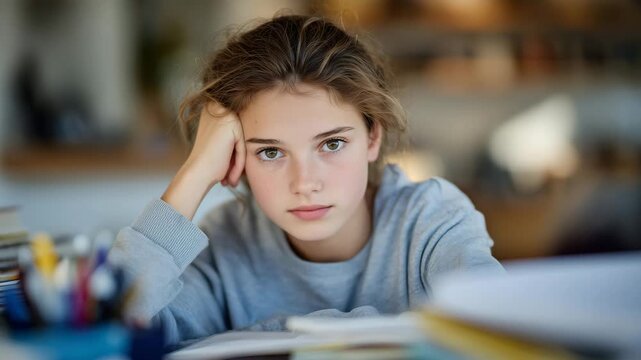 Close-up of a young girl&rsquo;s stressed expression as she tackles homework, books stacked around her, scattered pens and papers, soft daylight illuminating the scene, visual concept fo