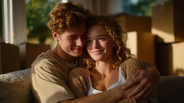 Close-up of couple embracing, cardboard boxes and packing materials visible behind, warm sunlight reflecting on windows and floor, intimate moment celebrating first shared home