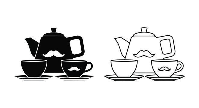 Vintage tea party mustache teapot cups silhouette Vector