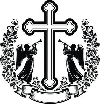 Christian cross with angelic figures and floral elements
