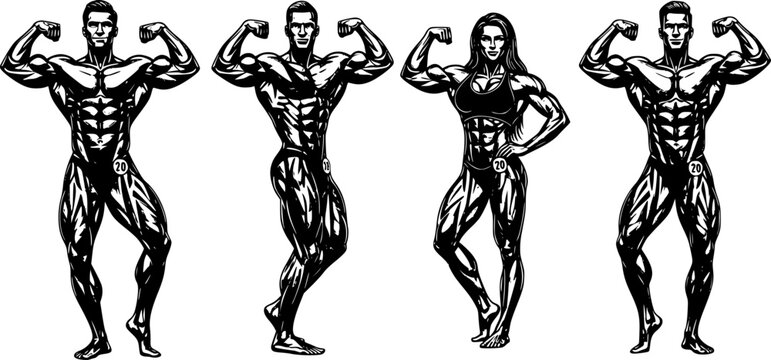 Professional Bodybuilder Silhouettes Set - Muscular Male and Female Athletes Posing Vector Illustration