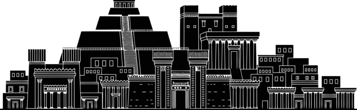 Babylon city skyline silhouette with temples, ziggurat, and clustered buildings, Mesopotamian civilization style.