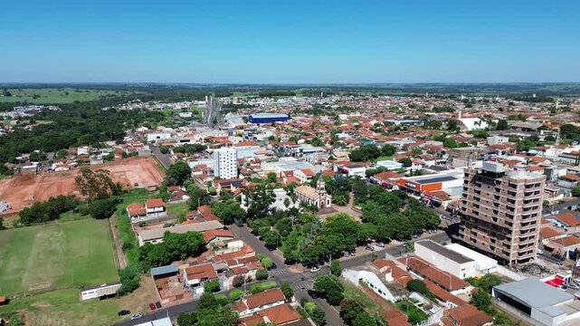 Aerial drone view of Bady Bassitt city in Sao Paulo state, Brazil. Residential neighborhoods, urban development and expansion of a small Brazilian town in the countryside