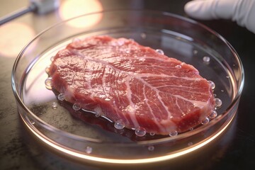 Fototapeta premium Raw meat steak in petri dish laboratory science research