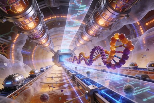 3D render futuristic DNA sequencing machine with glowing data holograms
