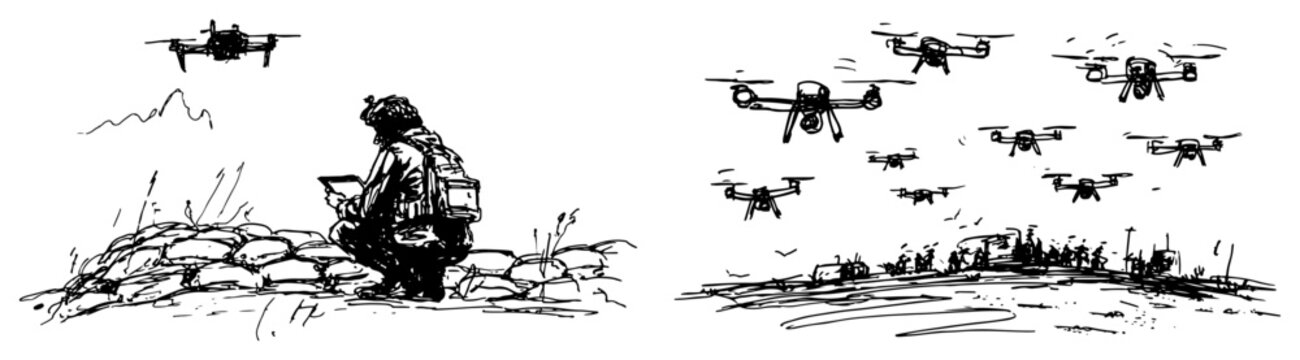 Soldier operating a drone swarm from a defensive position in a hand drawn sketch style