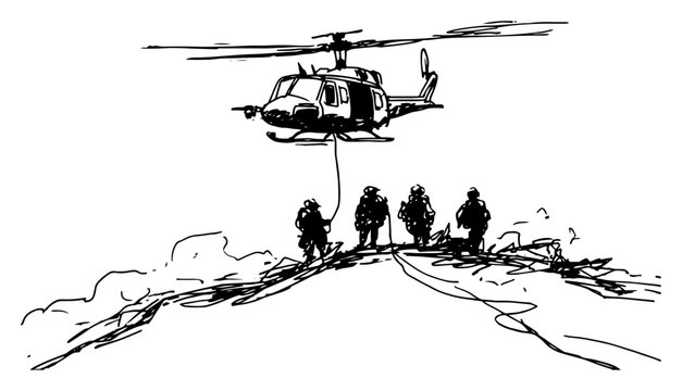 Military helicopter hovering over soldiers on a hill in a hand drawn sketch style