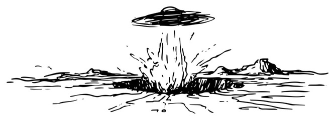 UFO hovering over massive explosion in landscape or water hand drawn sketch style © AdrianGebert