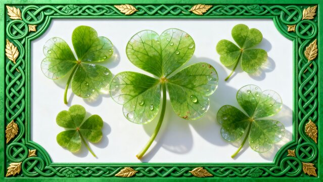 Five green shamrocks with water droplets arranged on a white surface within an ornate green and gold Celtic border