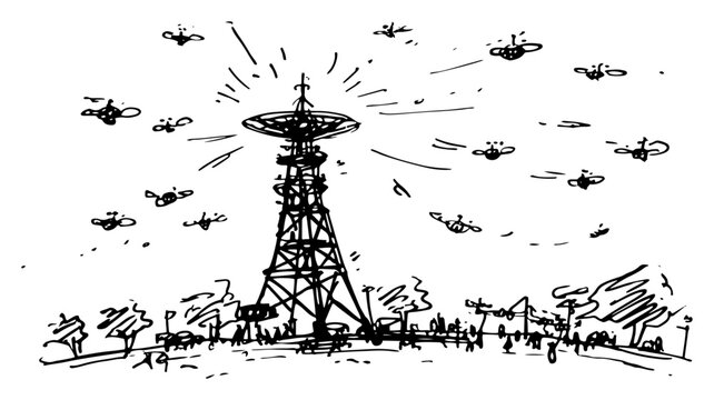 Military drones swarming around a communications tower in a hand drawn sketch style